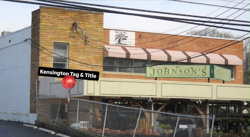Exterior of Johnson's Florist & Garden Centers from Kensington Parkway, with a red pin marking Kensington Tag & Title above the storefront.